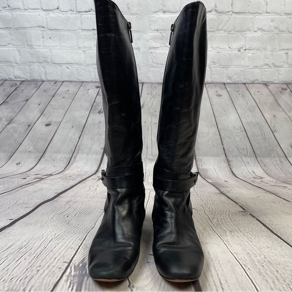 KARL LAGERFELD black leather side zip round heel riding boots, size 8.5 - Picture 6 of 15